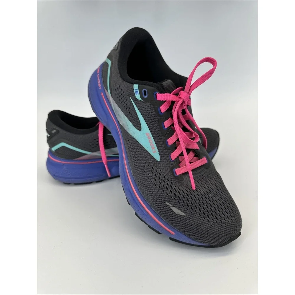 Brooks Ghost 15 Womens Running Shoes Size 8.5 Gary Pink Blue Sneakers 1203801B07 - Picture 1 of 16